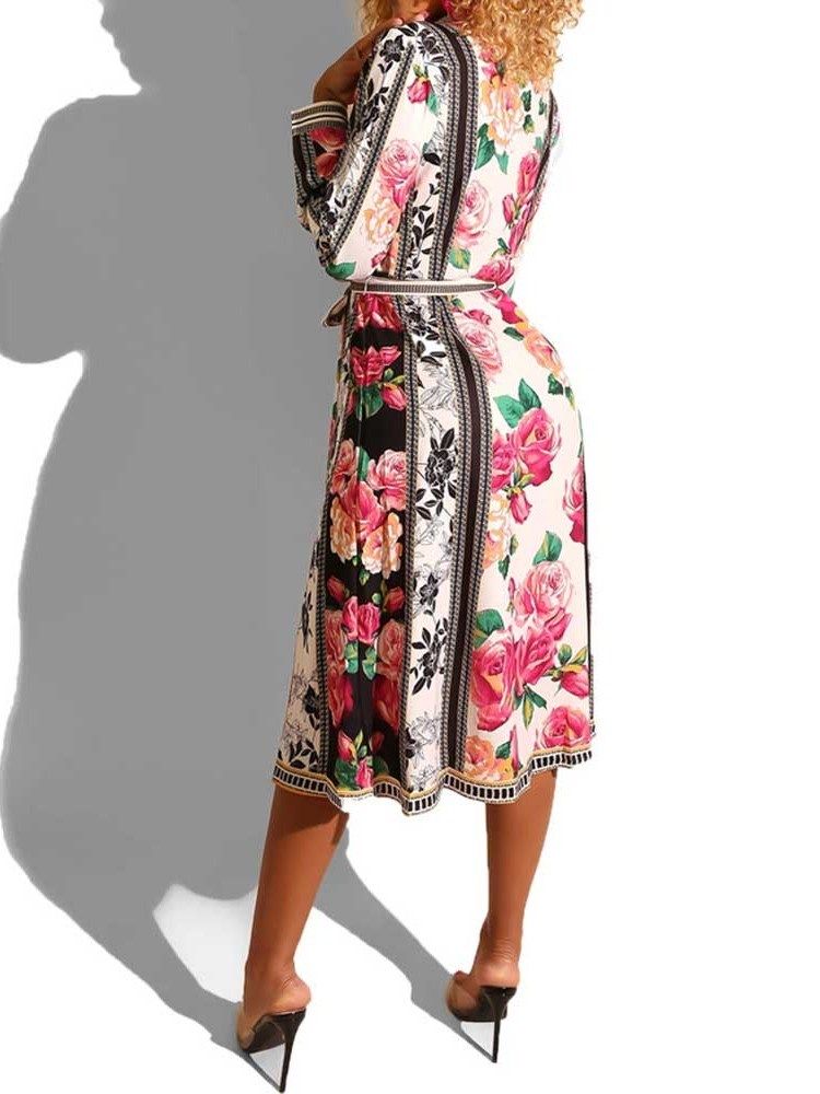 Naisten Kukkapainettu Käänne Pitkähihainen A-linjainen Vintage-mekko