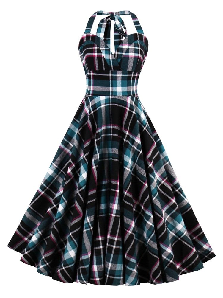 Naisten Tartan Sidottu Kaula-aukkoinen Laskostettu Pallopuku A-linjainen Mekko
