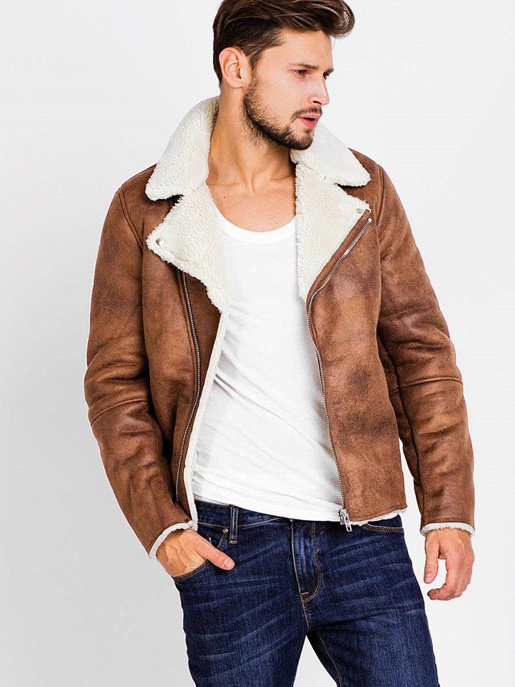 Lapel Pu Zip Faux Shearling Lämmin Vogue Miesten Takki
