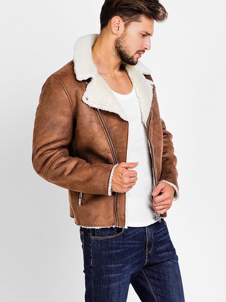 Lapel Pu Zip Faux Shearling Lämmin Vogue Miesten Takki