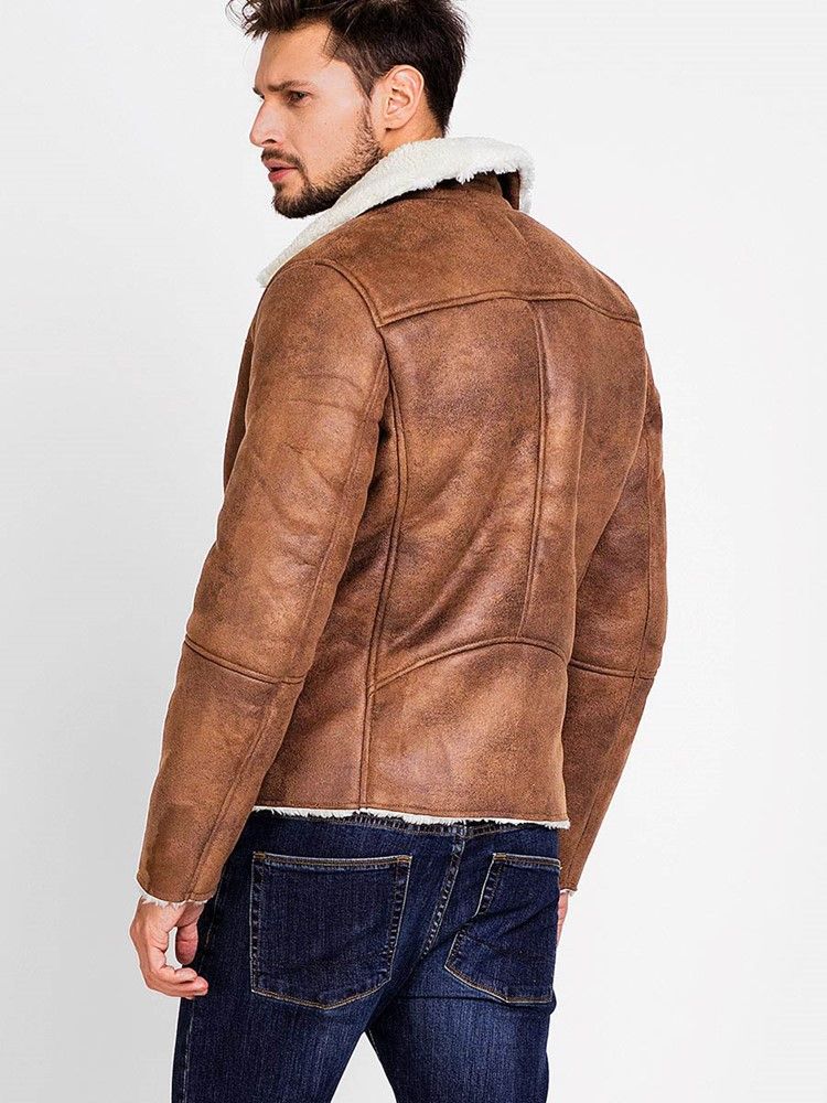 Lapel Pu Zip Faux Shearling Lämmin Vogue Miesten Takki