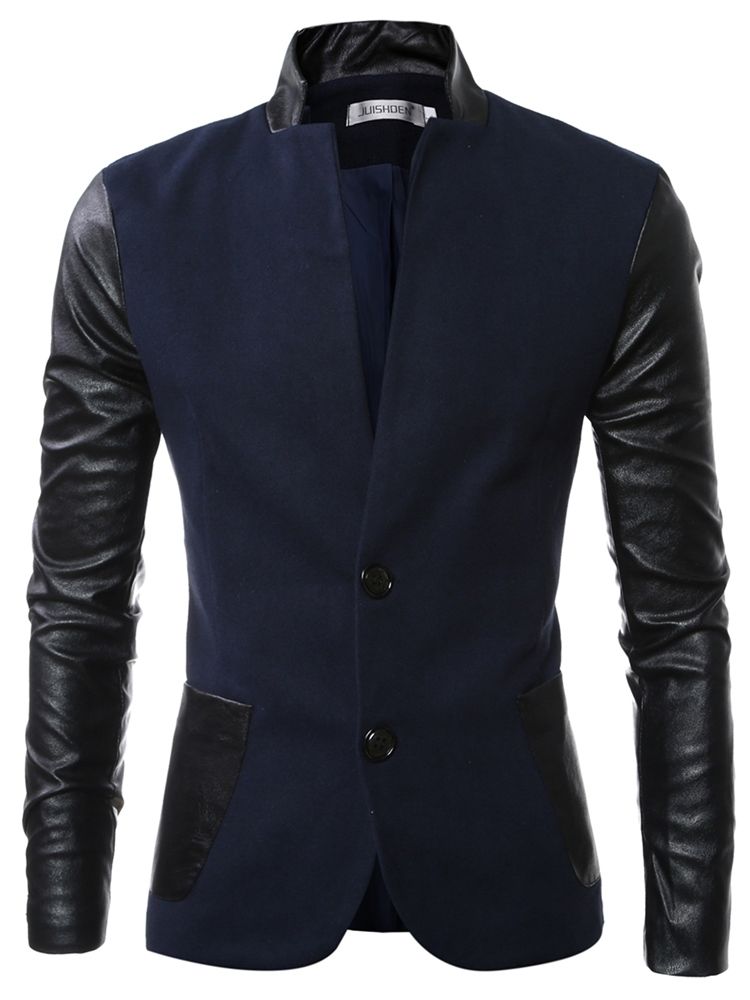 Stand-kaulus Pu Patchwork Slim Miesten Takki
