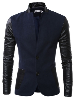 Stand-kaulus Pu Patchwork Slim Miesten Takki