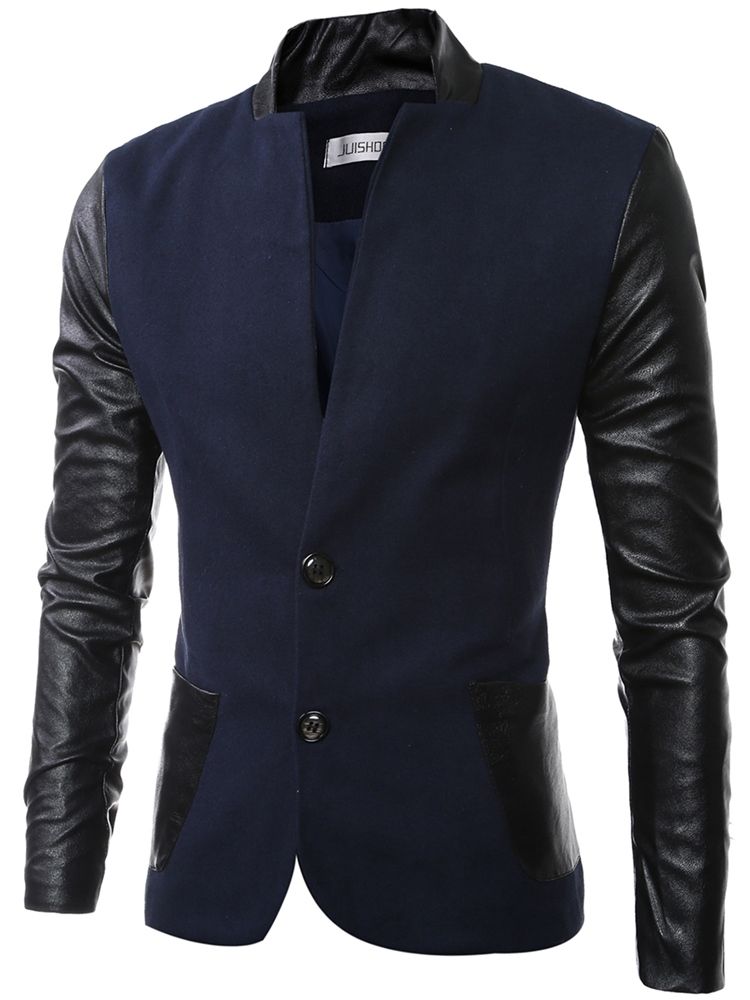 Stand-kaulus Pu Patchwork Slim Miesten Takki