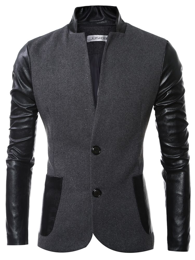 Stand-kaulus Pu Patchwork Slim Miesten Takki