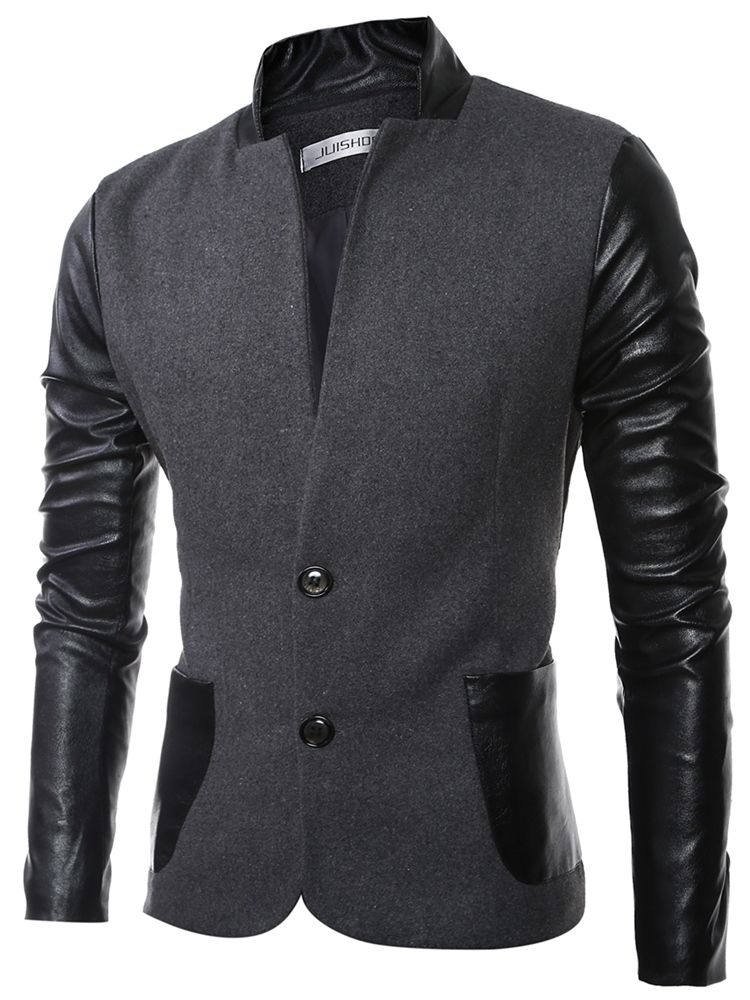 Stand-kaulus Pu Patchwork Slim Miesten Takki