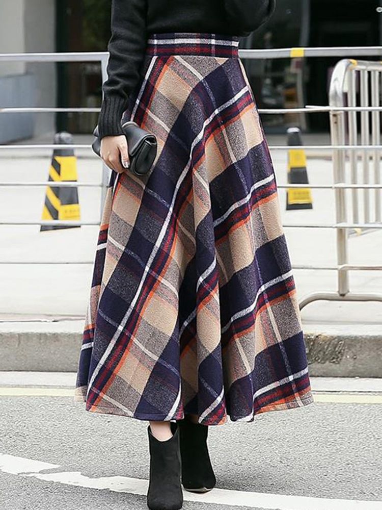 Plaid Expansion High Waist Thick Naisten Pitkä Hame