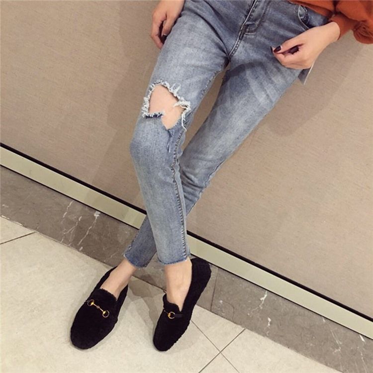 Faux Fur Block Heel Pyöreät Varvassandaalit