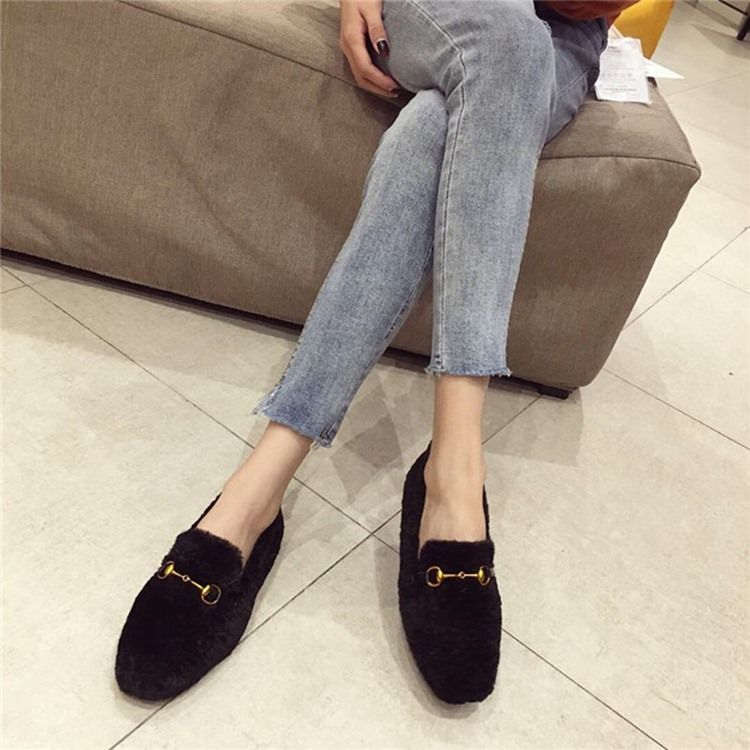 Faux Fur Block Heel Pyöreät Varvassandaalit