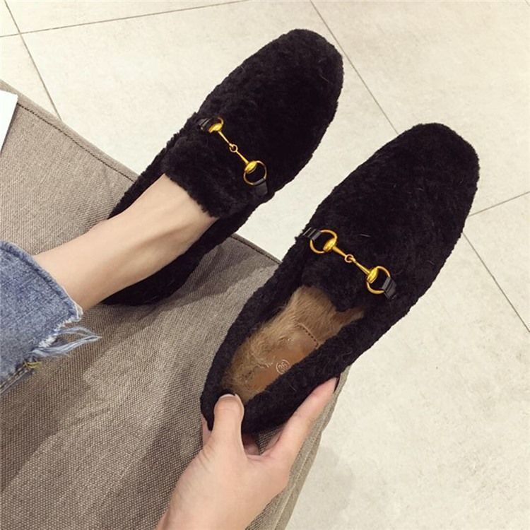 Faux Fur Block Heel Pyöreät Varvassandaalit
