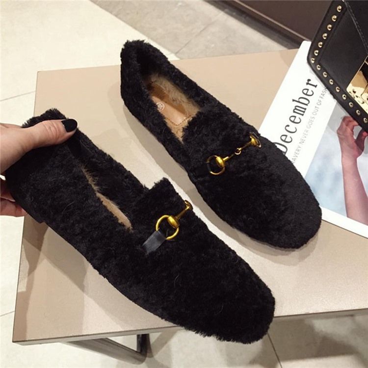 Faux Fur Block Heel Pyöreät Varvassandaalit