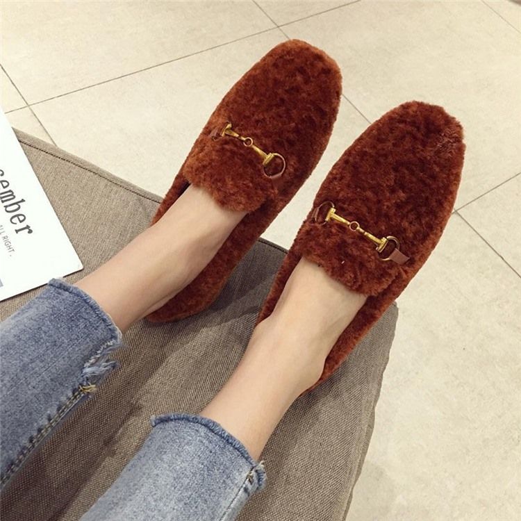 Faux Fur Block Heel Pyöreät Varvassandaalit