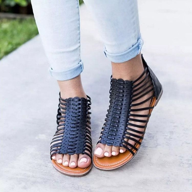 Pu Hollow Zipper Open Toe Naisten Sandaalit