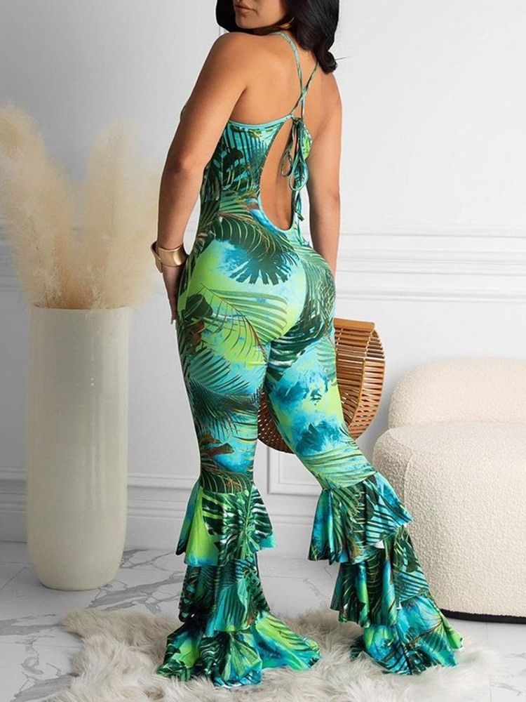 Kasvien Täyspitkä Patchwork Slim Bellbottoms -tyyppinen Naisten Haalari
