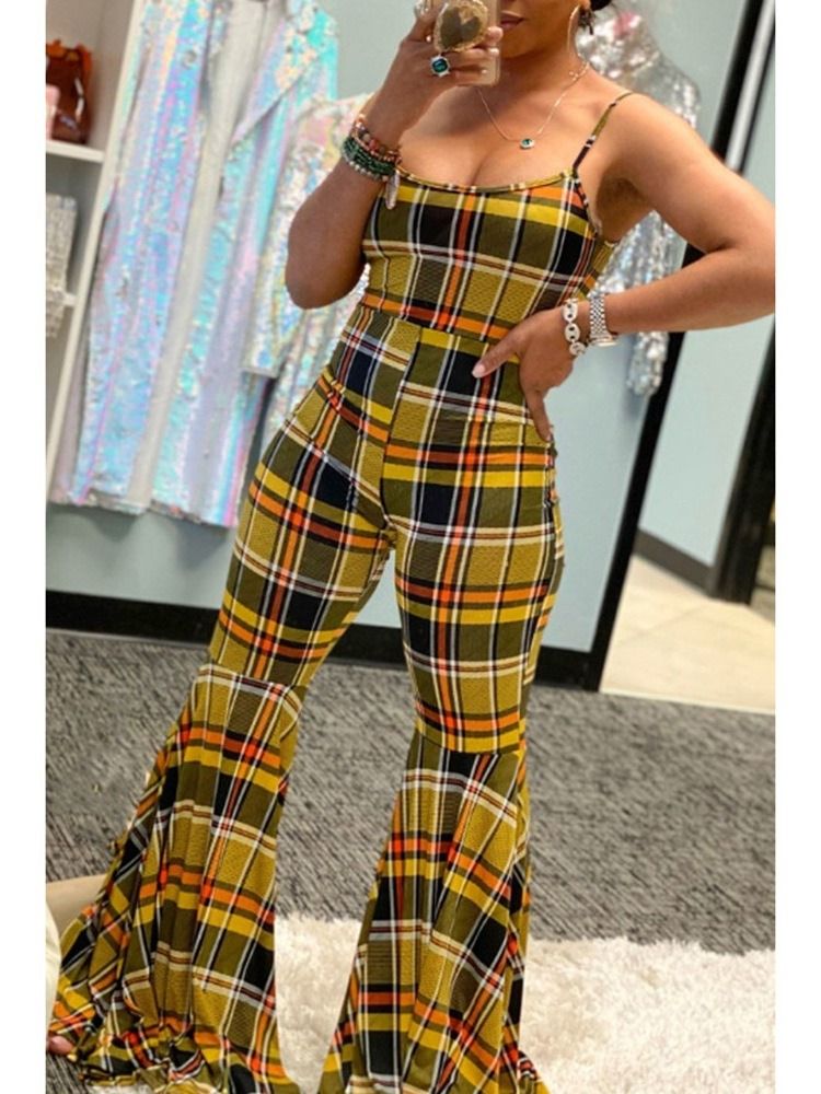 Western Patchwork Ruudullinen Korkea Vyötäröinen Bellbottoms-naisten Haalari