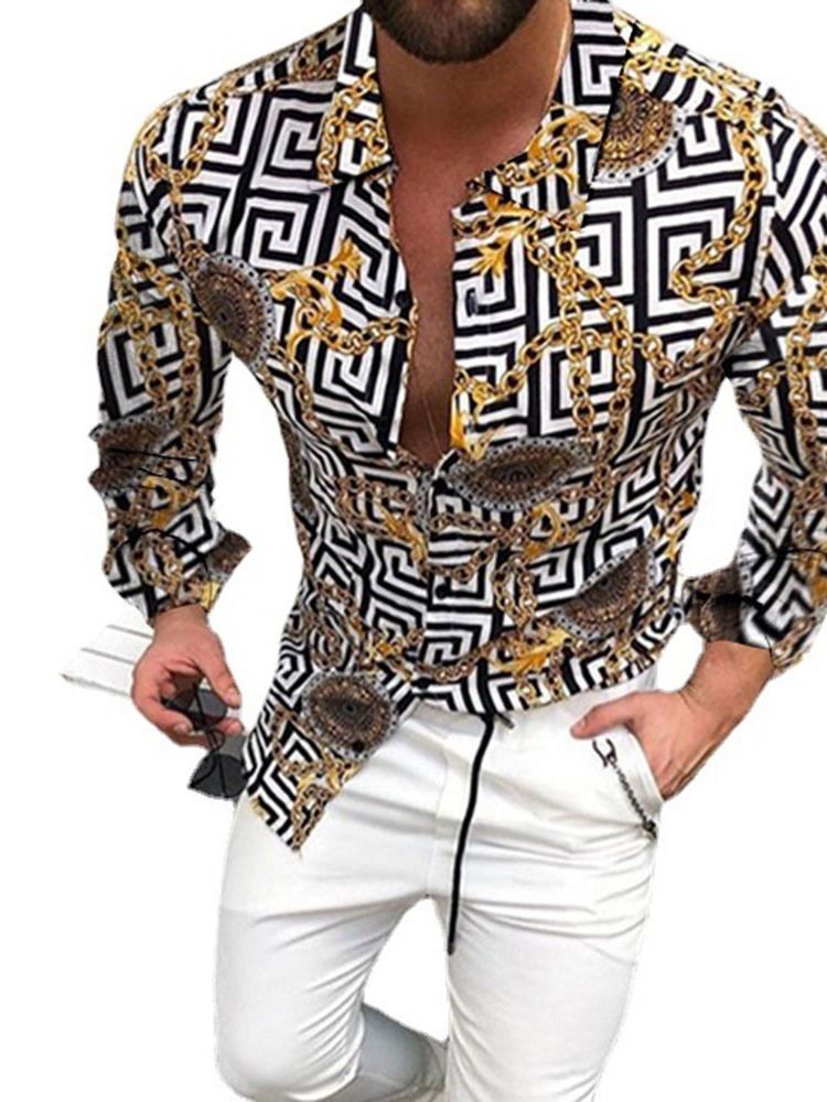 Print Plaid Square Neck Loose Miesten Paita