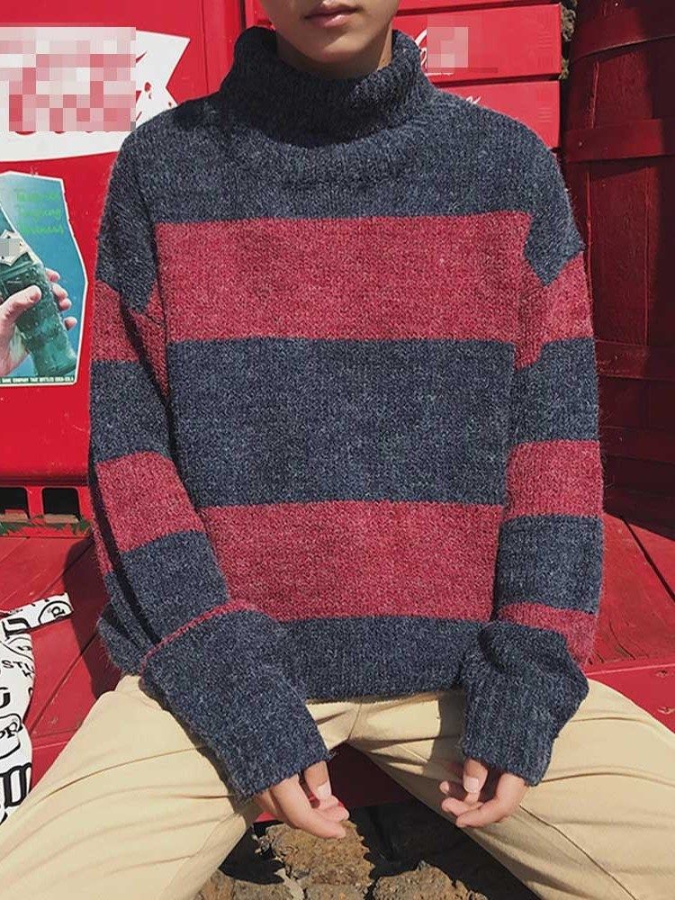 Keskipitkä Värilohko Turtleneck-löysä Korealainen Miesten Pusero