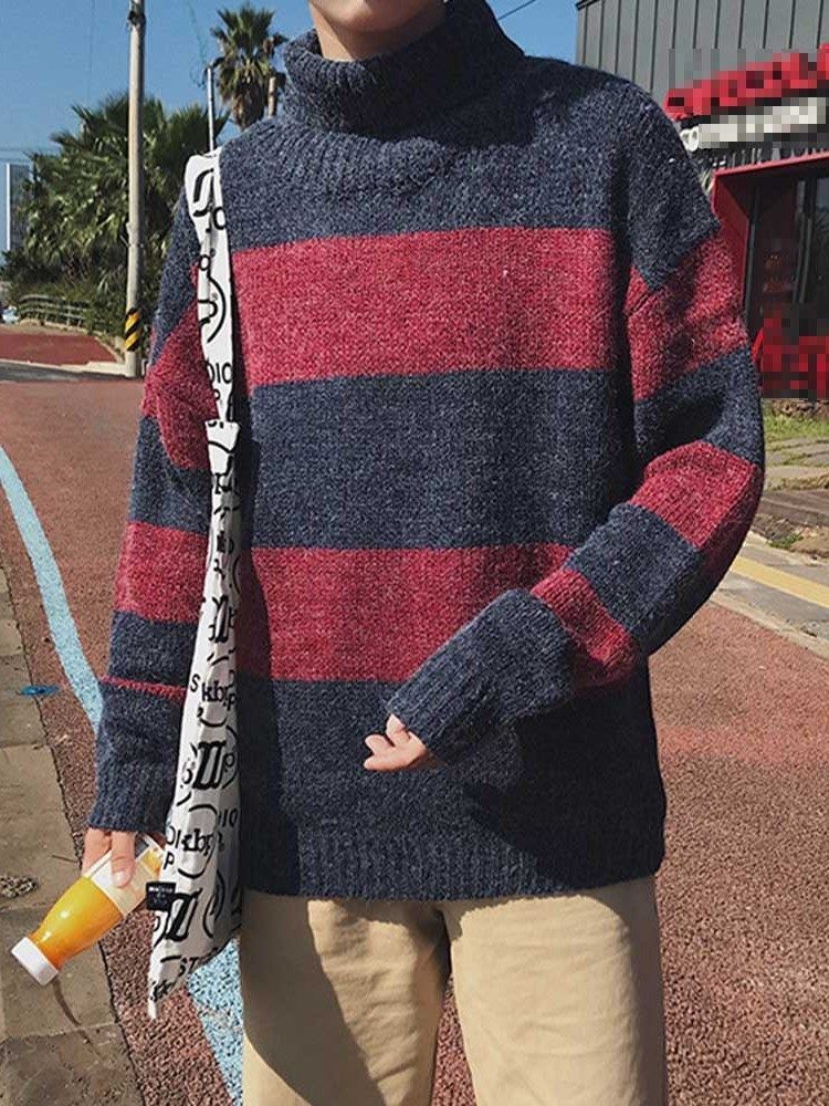 Keskipitkä Värilohko Turtleneck-löysä Korealainen Miesten Pusero