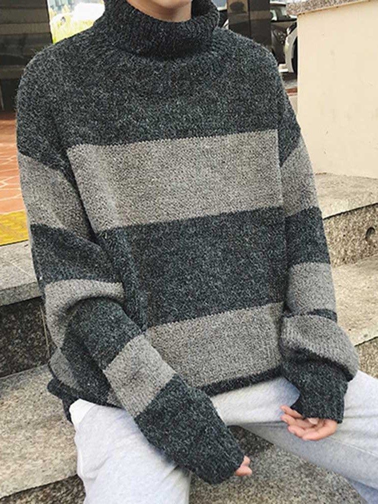 Keskipitkä Värilohko Turtleneck-löysä Korealainen Miesten Pusero