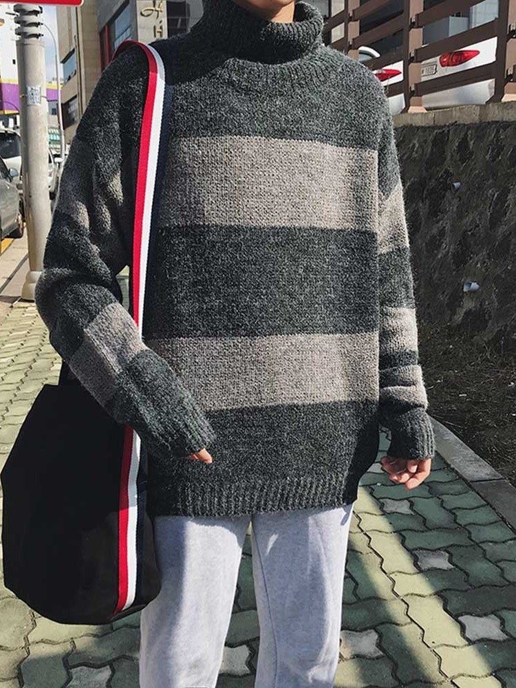 Keskipitkä Värilohko Turtleneck-löysä Korealainen Miesten Pusero