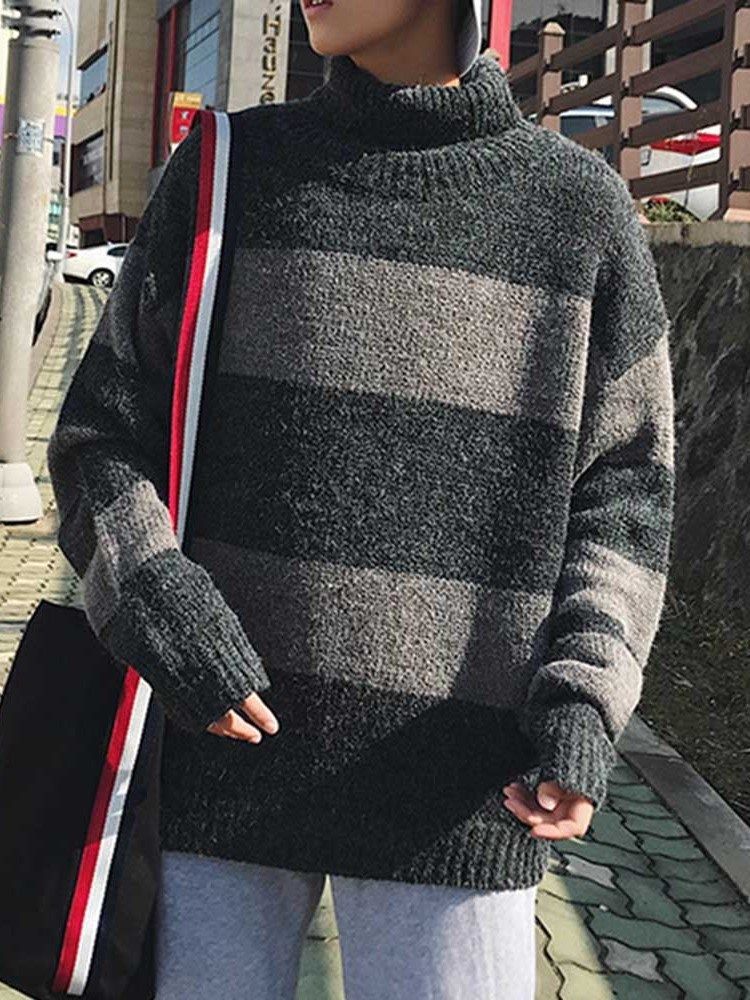 Keskipitkä Värilohko Turtleneck-löysä Korealainen Miesten Pusero