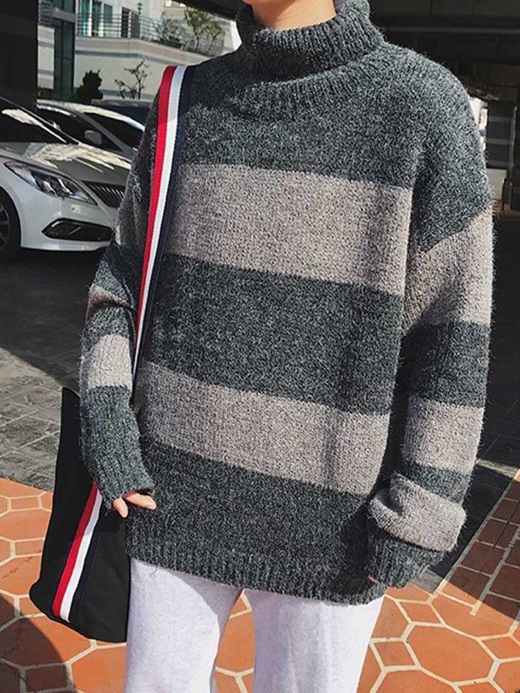 Keskipitkä Värilohko Turtleneck-löysä Korealainen Miesten Pusero