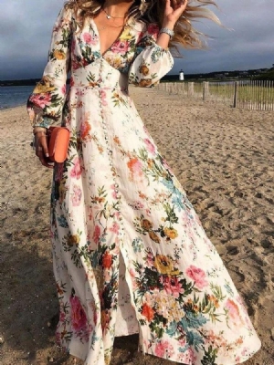 Lattiaa Hipova Pituus Pitkähihainen Nappilaajennus Ladylike Floral Maxi Dress Beach Naisten
