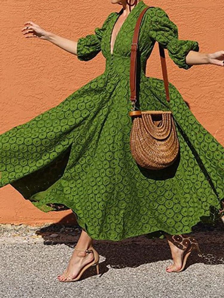 Naisten Kolmen Vuosineljänneksen Hihassa Nilkka Pituus Hollow Expansion High Waist -mekko