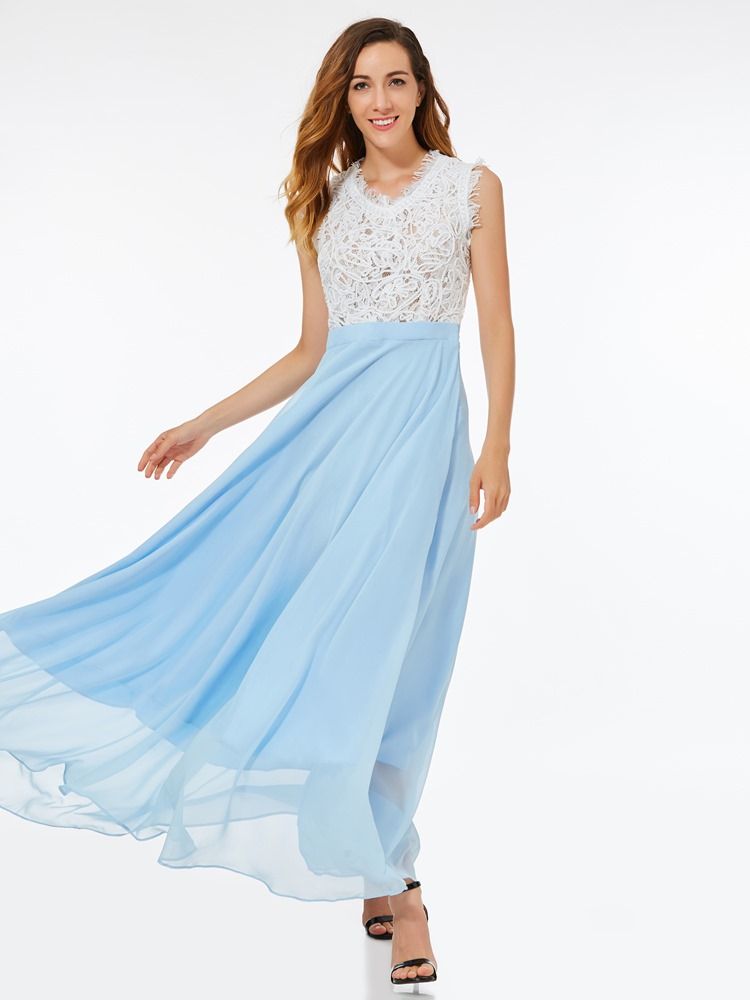 Naisten Lace Mesh Patchwork Expansion Maxi -mekko Häävieraiden Mekko