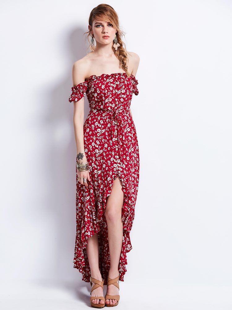 Naisten Slash Neck Puff Sleeve Print Maxi -mekko