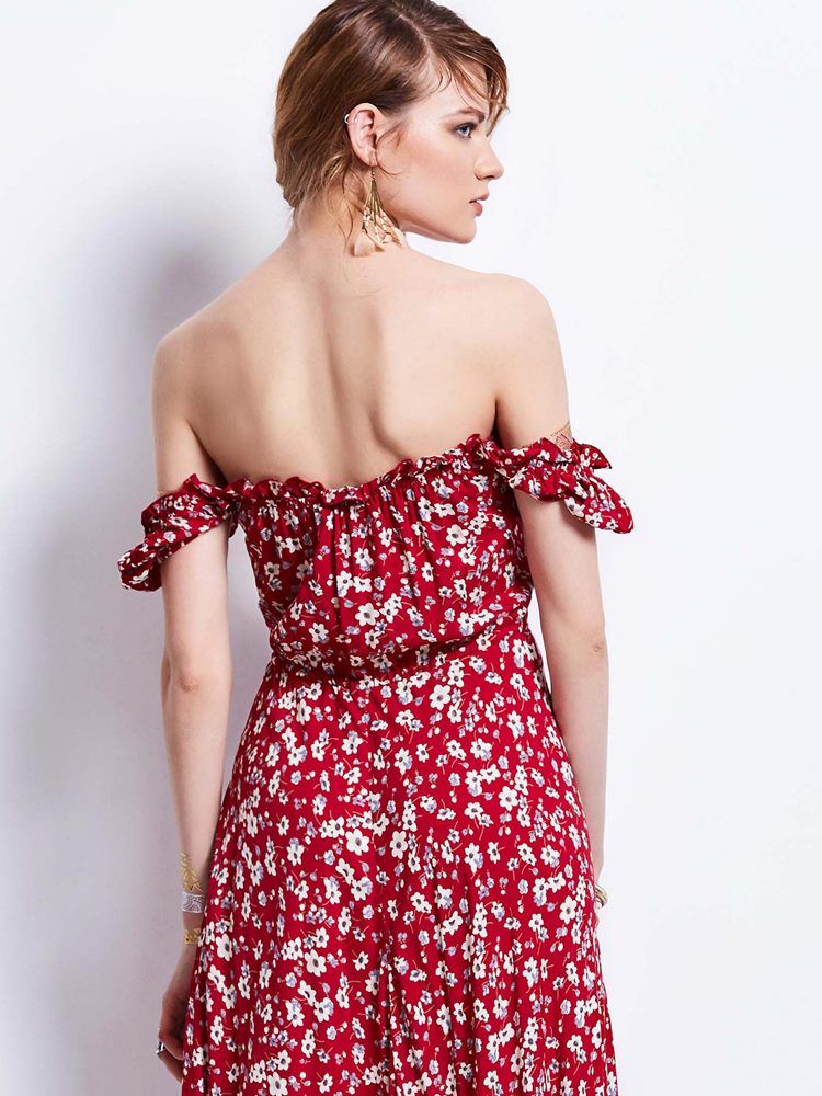 Naisten Slash Neck Puff Sleeve Print Maxi -mekko