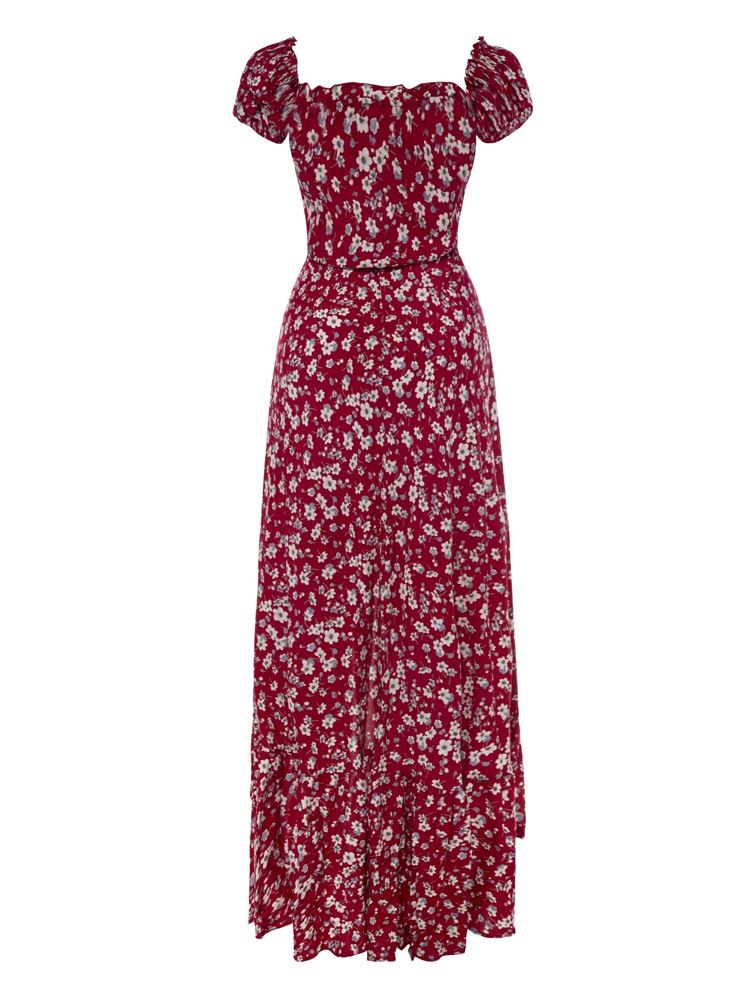 Naisten Slash Neck Puff Sleeve Print Maxi -mekko