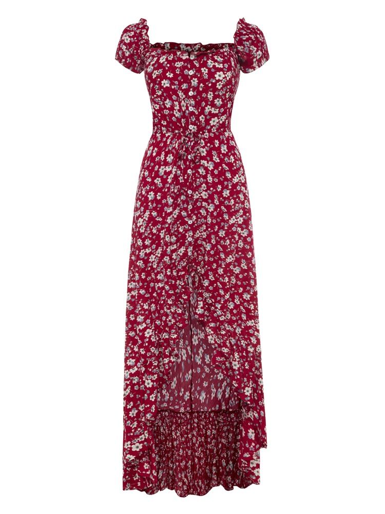 Naisten Slash Neck Puff Sleeve Print Maxi -mekko