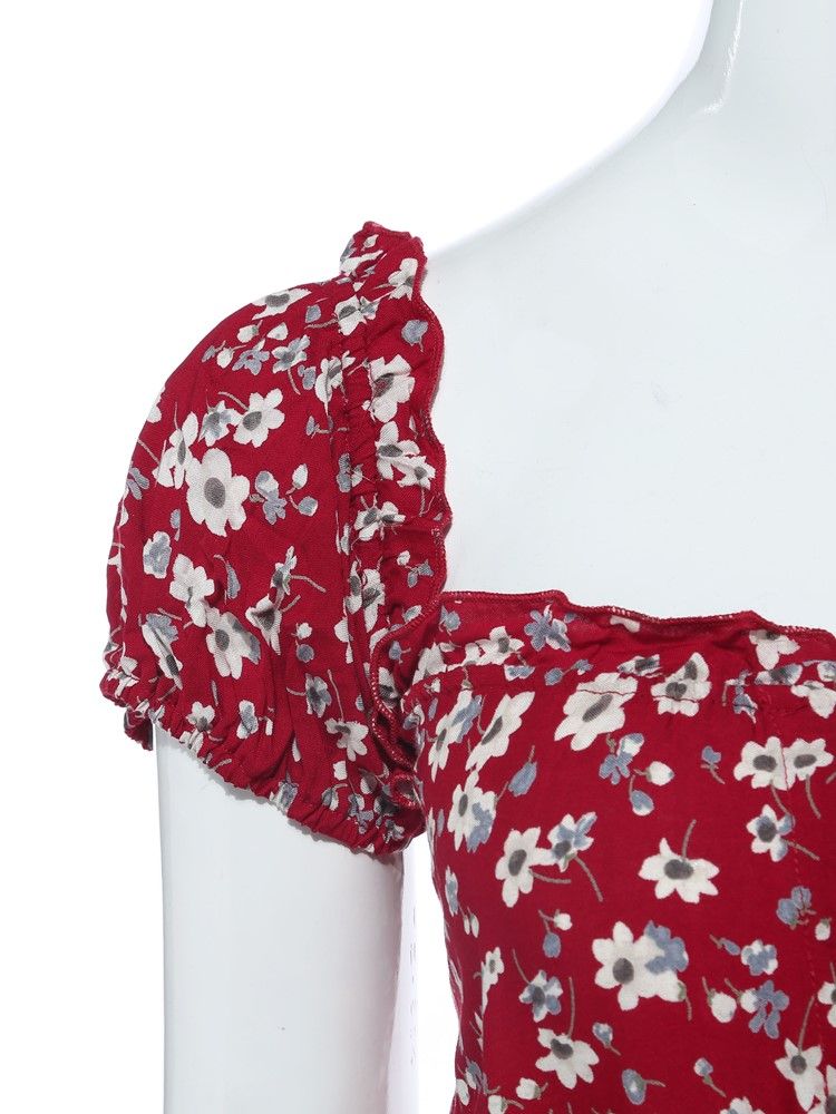 Naisten Slash Neck Puff Sleeve Print Maxi -mekko