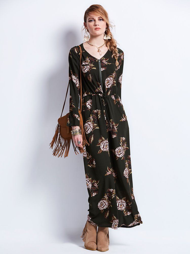Naisten V-aukkoinen Vetoketjullinen Maxi-mekko