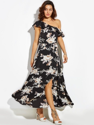 Naisten Vino Kaulus Ruffles Print Maxi -mekko
