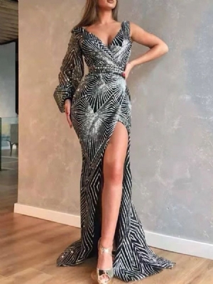 Split Pitkähihainen Lattiaan Ulottuva Naisten Bodycon-villapaita