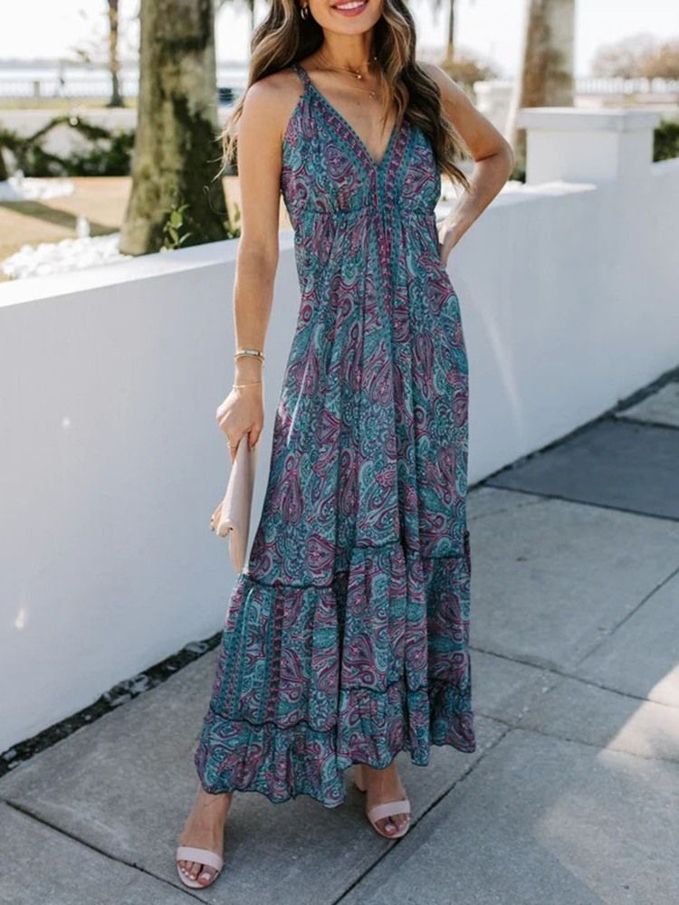 V-kaula-aukko Nilkka-pituus Print Office Lady Pullover Dress Floral Maxi Dress Beach Dresses Naisten