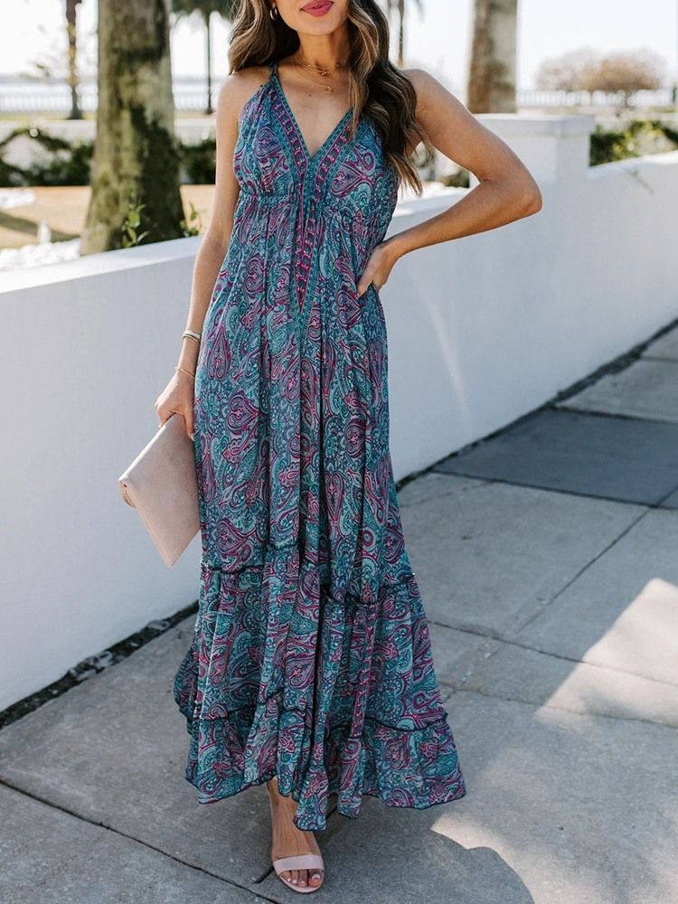 V-kaula-aukko Nilkka-pituus Print Office Lady Pullover Dress Floral Maxi Dress Beach Dresses Naisten