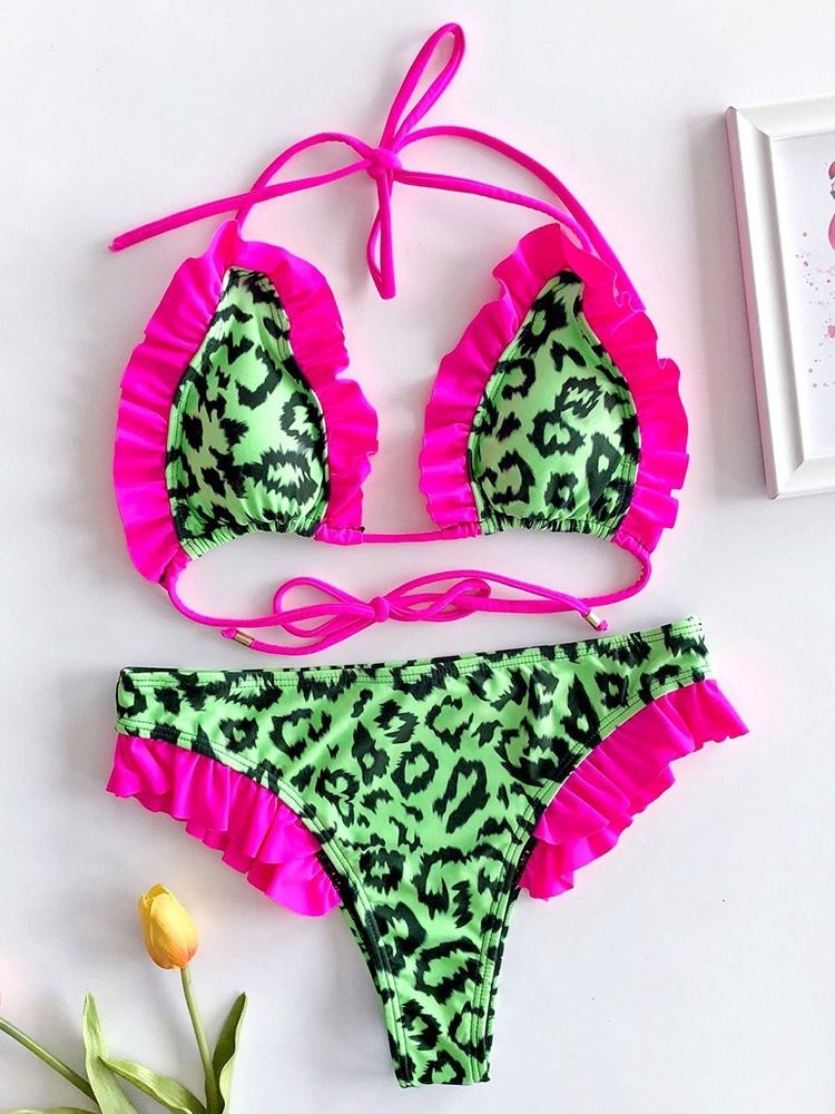 Naisten Painettu Leopard Lace-up Ruffles -uimapuku
