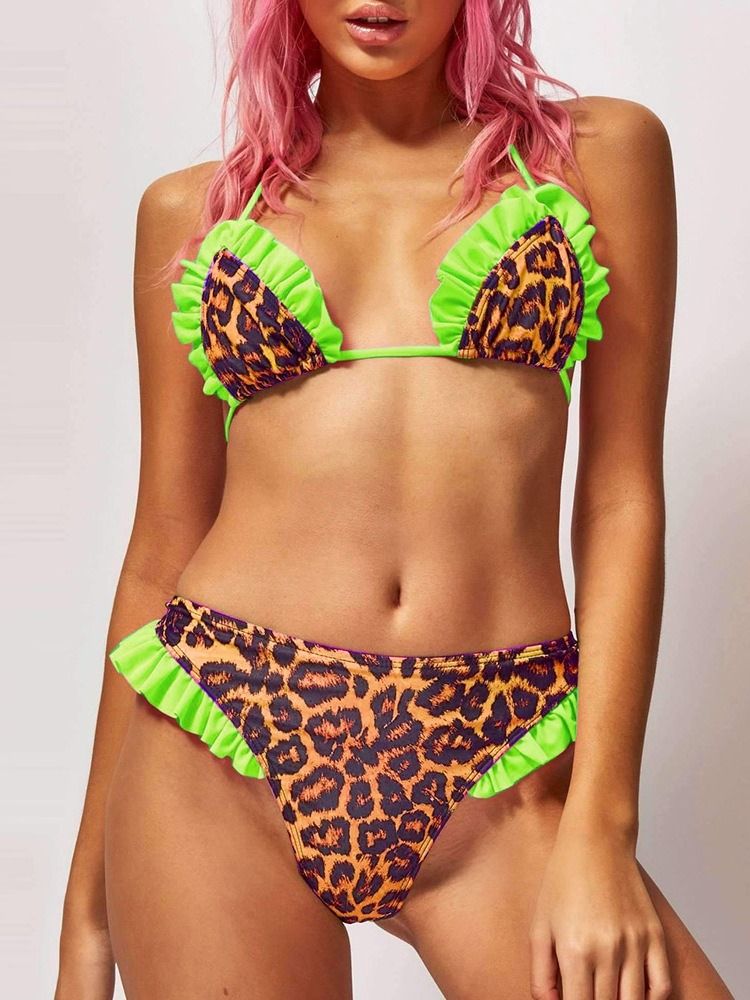 Naisten Painettu Leopard Lace-up Ruffles -uimapuku