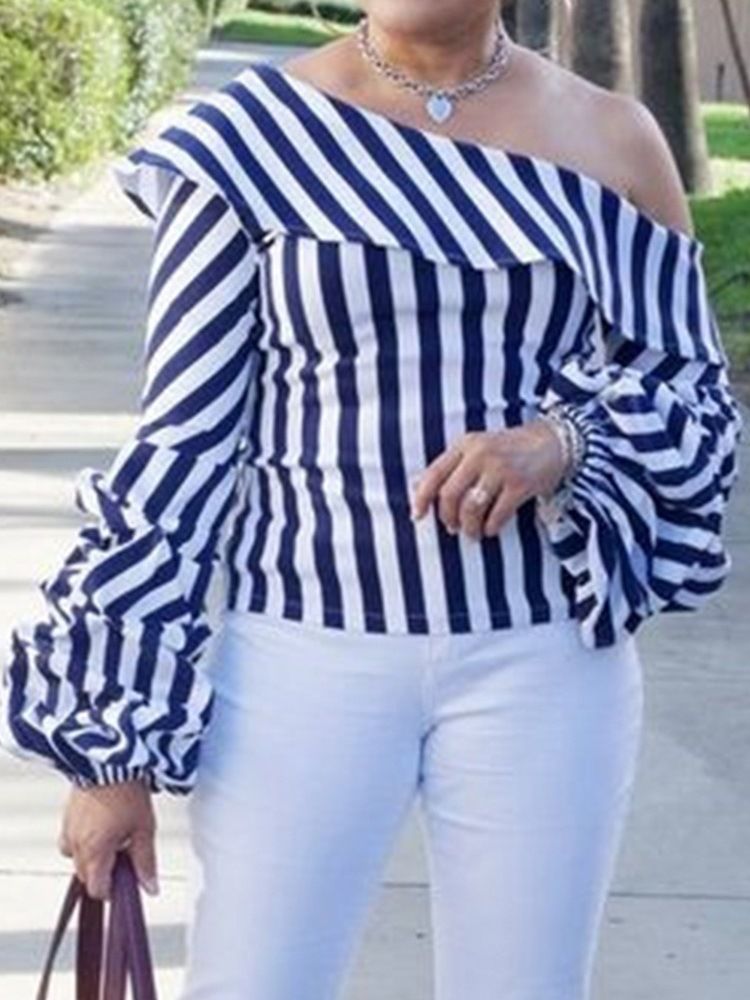 Patchwork Stripe Oblique Collar Naisten Pitkähihainen Vakiopusero