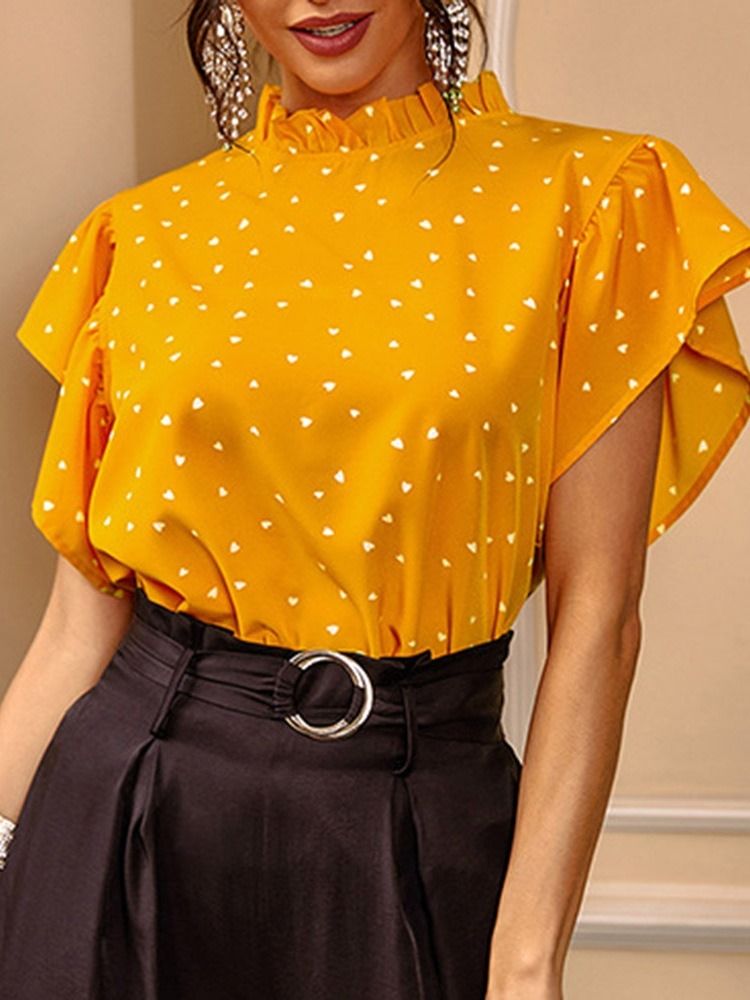 Print Polka Dots Ruffle Sleeve -lyhythihainen Naisten Pusero