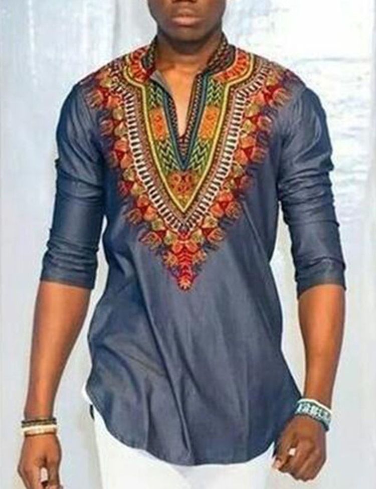 Afrikkalainen Muoti Dashiki Print Color Block V-kaula-aukkoinen Miesten T-paita