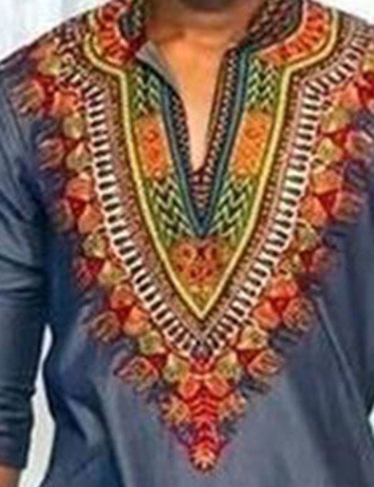 Afrikkalainen Muoti Dashiki Print Color Block V-kaula-aukkoinen Miesten T-paita