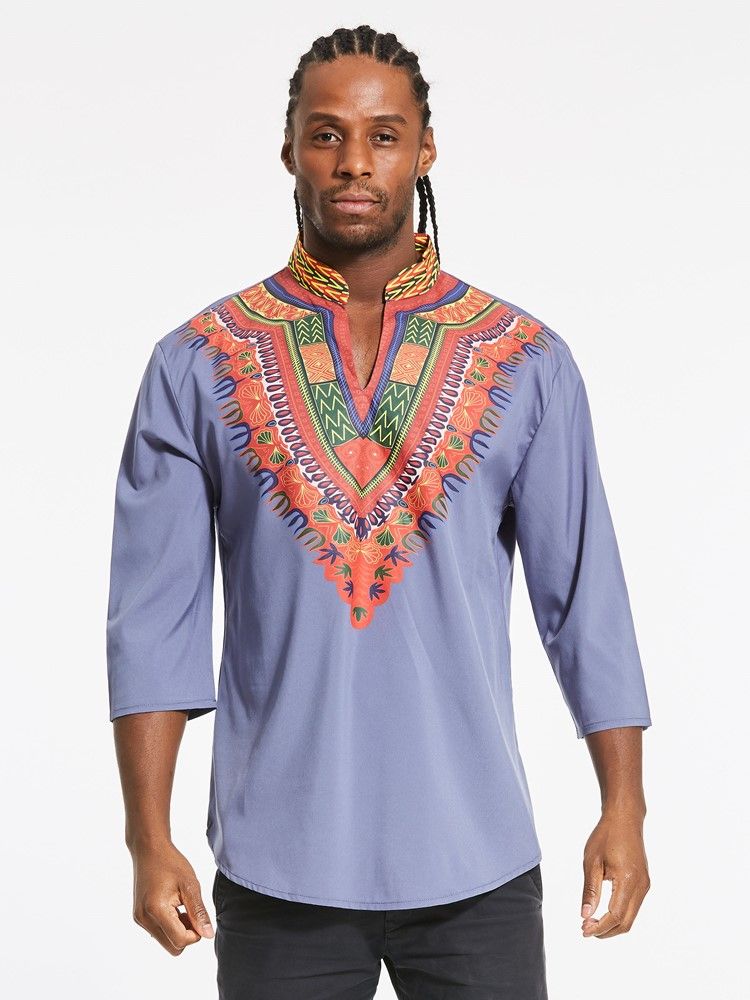 Afrikkalainen Muoti Dashiki Print Color Block V-kaula-aukkoinen Miesten T-paita