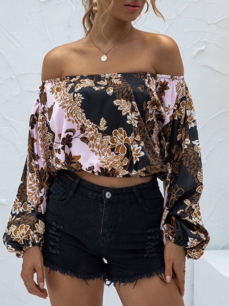 Off Shoulder Pitkähihainen Kukkainen Vintage T-paita