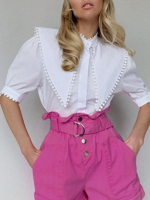 Plain Puff Sleeve Patchwork Naisten Valkoinen Lyhythihainen Normaali Pusero