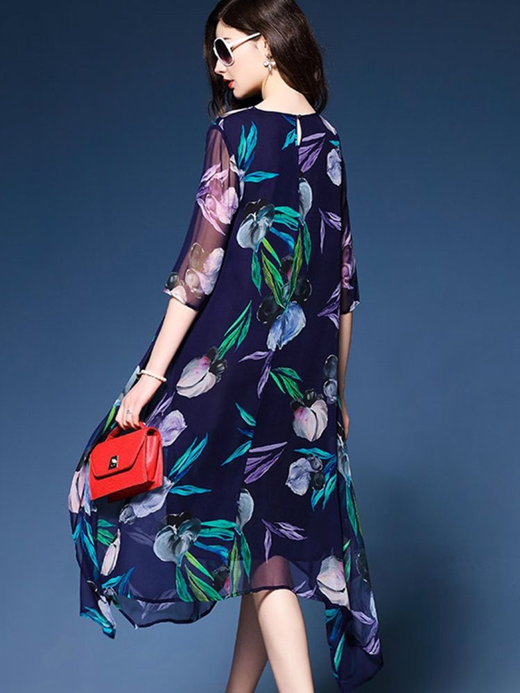 Naisten Silkkiherkkä Painatus Epäsymmetrinen Flowy Casual-mekko