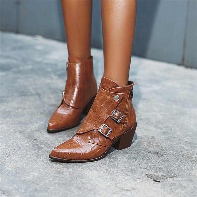 Chunky Heel Plain Side Zipper Naisten Nilkkurit